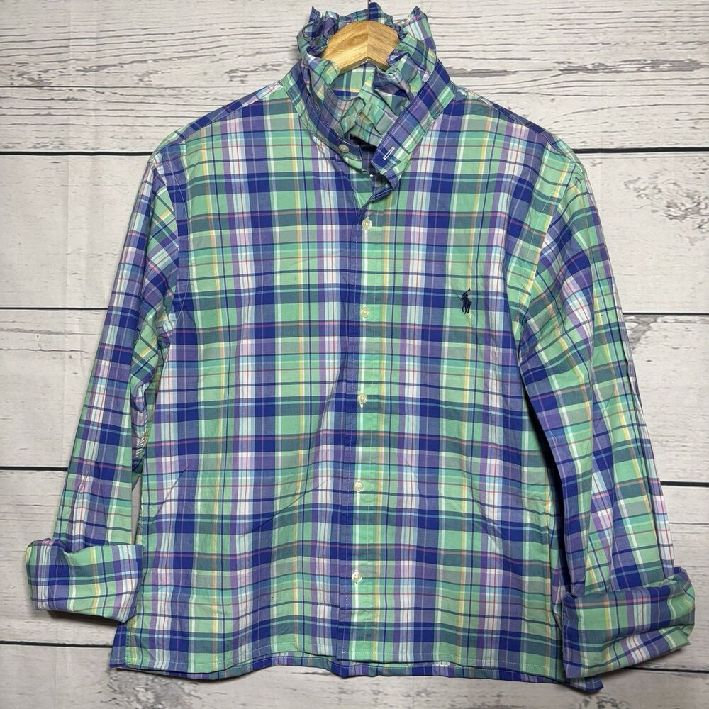 Upcycled Polo Ralph Lauren Ruffle Collar  Shirt Viral Blue Green Plaid Pony
